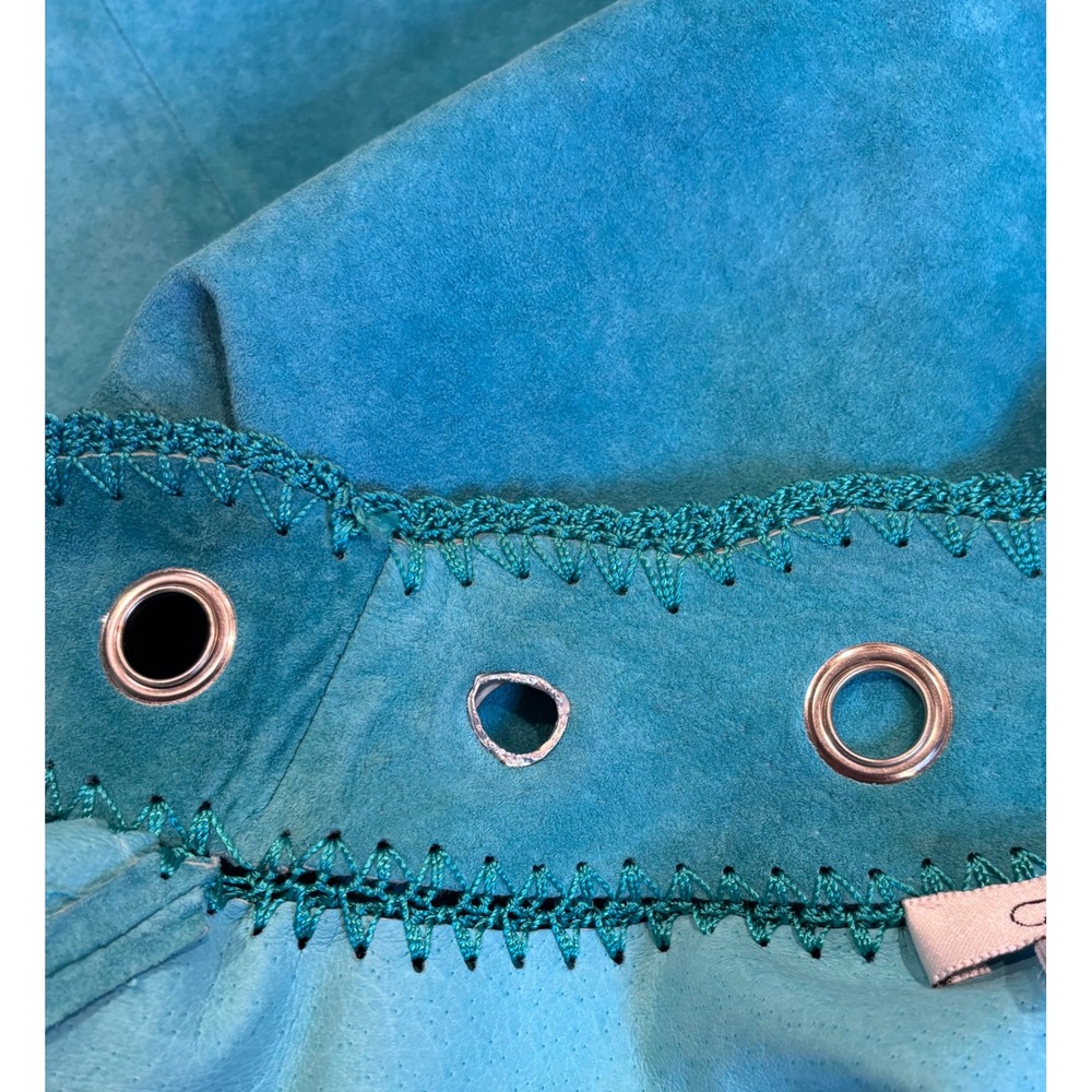 Cache Turquoise Blue Genuine Suede Leather Grommet Crochet Trim Jacket Medium - Picture 6 of 16